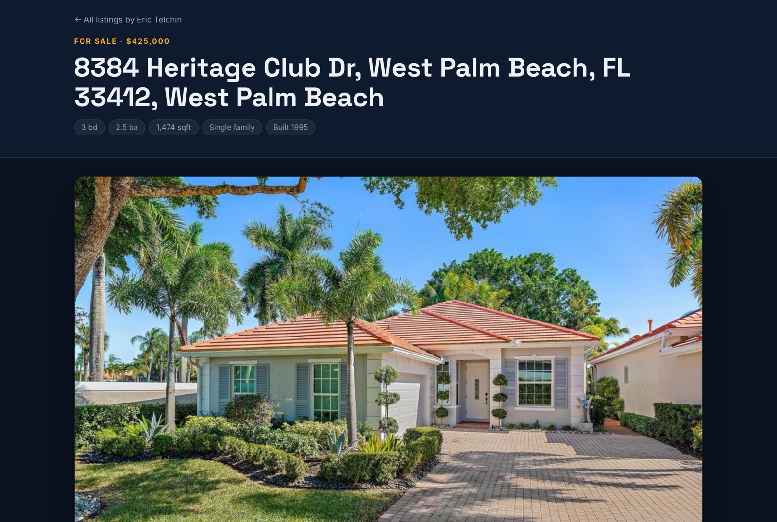 A live Kioto agent listing page: 8384 Heritage Club Dr, West Palm Beach — with the rendered tour video